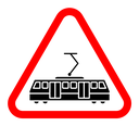 Tramway caution traffic sign color filled icon