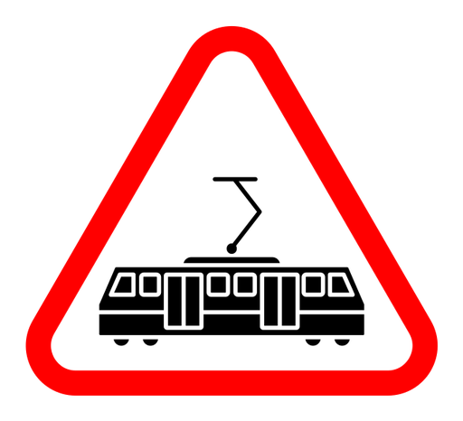Tramway caution traffic sign color filled icon