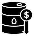 Crude oil barrel price falling down black filled icon